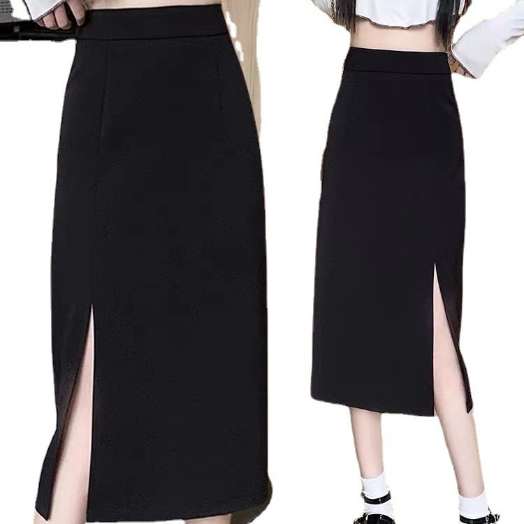 Picture of Black skirt women's draping skirt split mid-length spring and summer design high waist small A- line over-the-knee dress