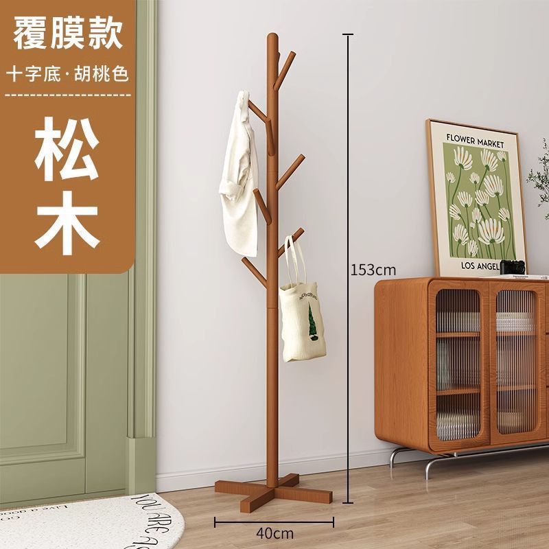 Picture of Solid wood coat rack floor-to-ceiling bedroom built-in living room hanging clothes rack home single pole vertical simple bag hanging rack