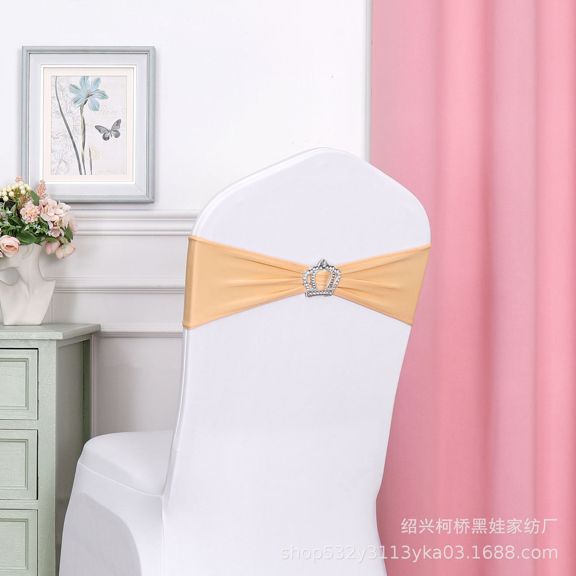 Picture of Chair Back Flower Bow Crown Diamond Buckle Elastic Banquet Chair Set Decoration Free Wedding Strap Ribbon Wedding Ribbon