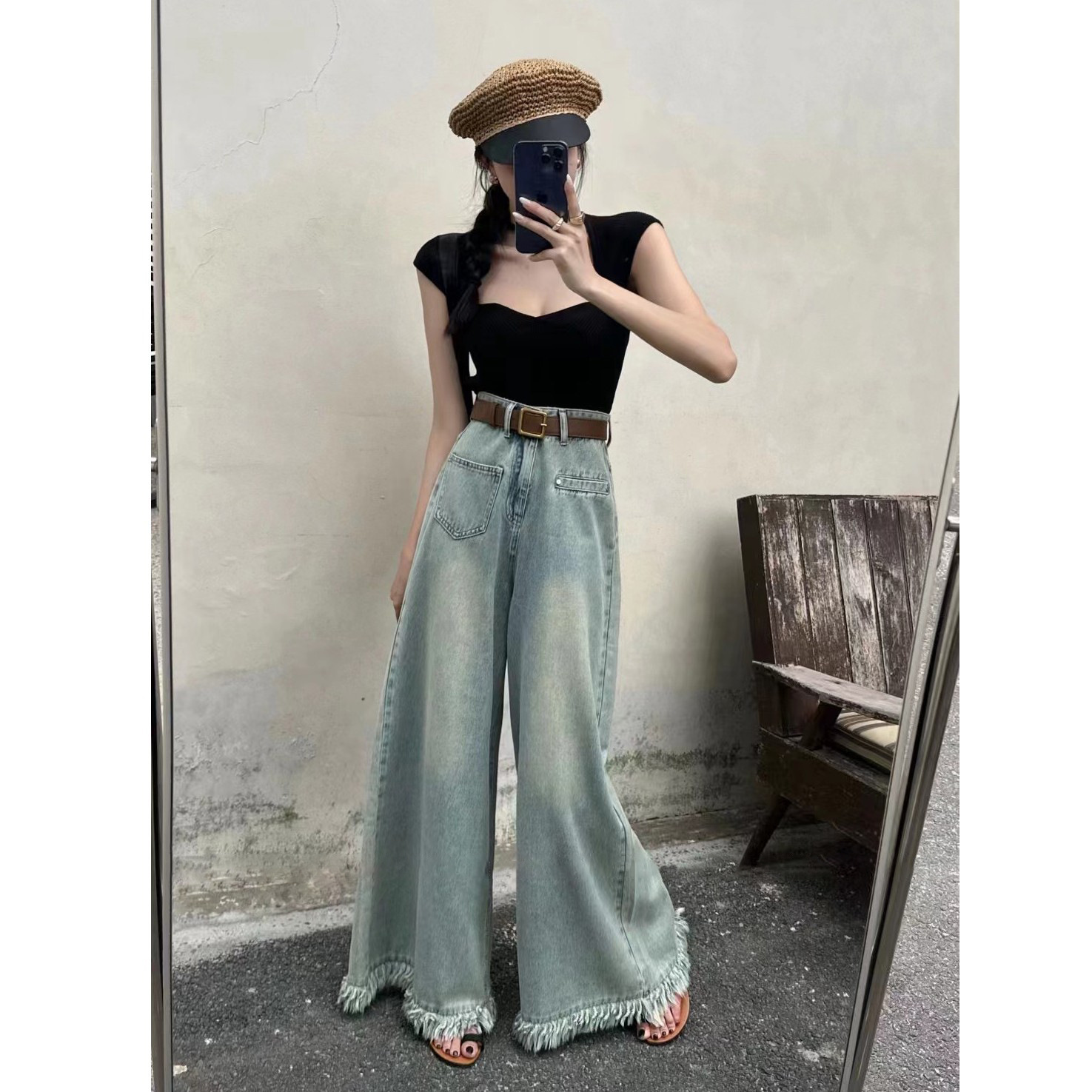 Loose Large Tassel Dipped Jeans Women's 2023 New Elegant High Waist Thin Large Thick Legs Wide Legs Trousers
