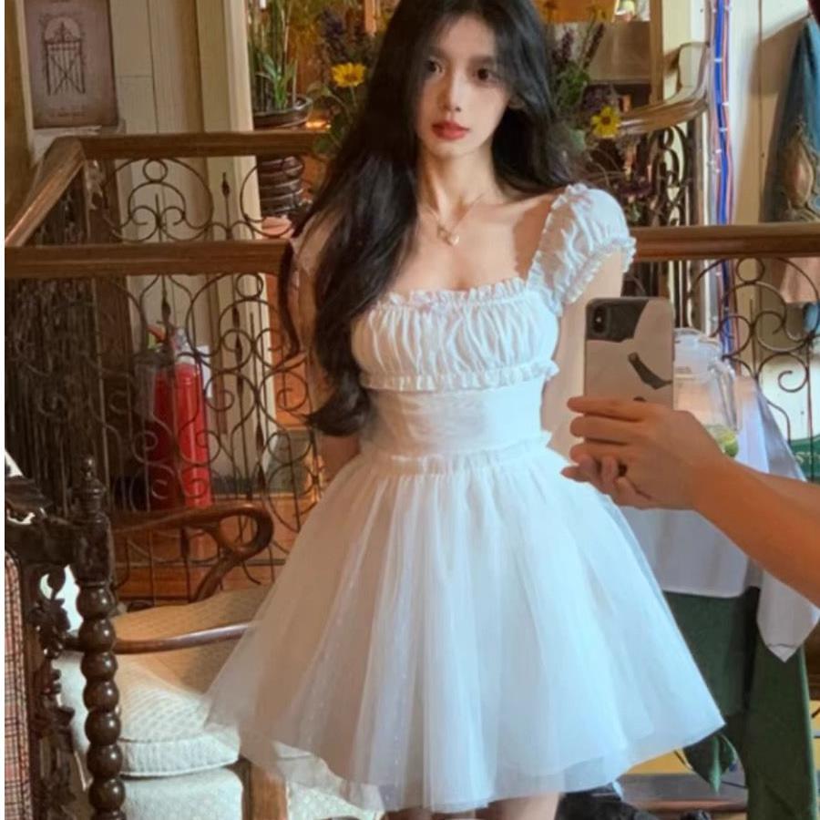French First Love White dress Women's Summer High-end Feeling Elegant Fairy Puffy Veil Skirt Waist Short Skirt
