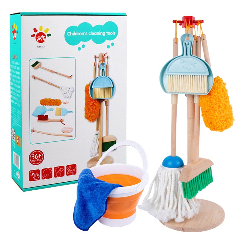 Children's Play House Simulation Cleaning Set Early Education Wooden Bloom Sweeping and Mopping Cleaning Tools Toys