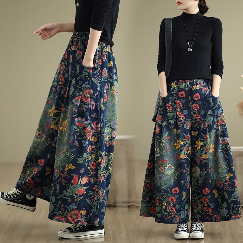 Real plus size Denim Wide Leg Pants New Printed Loose Slimming Casual All-match Denim Straight Leg Pants