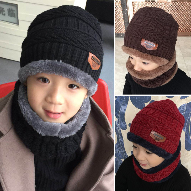 Picture of Korean version of children's wool hat winter boys and girls knitted velvet warm baby hat scarf two-piece wholesale