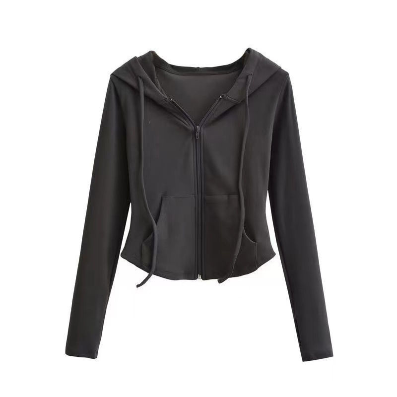 Picture of De velvet hot girl style hooded cardigan sweater coat for women Spring and Autumn slim fit waist slimming long sleeve short top fashion