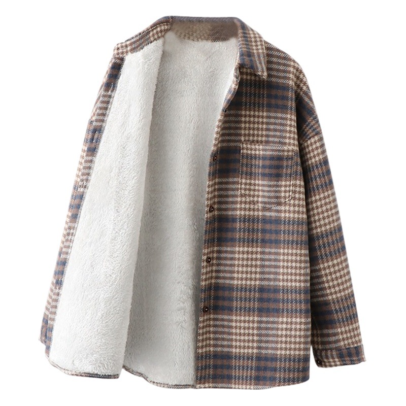 Thickened Woolen Outwear for Women 2025 Autumn and Winter New Shirt Hong Kong Style Loose Long-Sleeved Brushed Plaid Velvet Shirt for Women