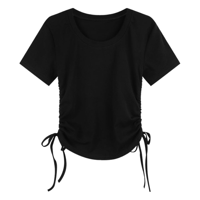 Design Niche Short-Sleeved T-Shirt for Women in Summer Retro Waist Slimming Look Drawstring Chic Western Style Right Shoulder Top Trendy Ins