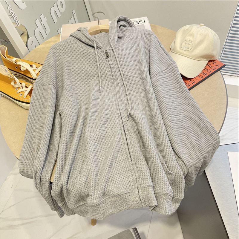 Picture of Waffley Hooded Sweater Women's Autumn New Loose Zipper Jacket Slimming Design Sense Long Sleeve Cardigan Top for Women