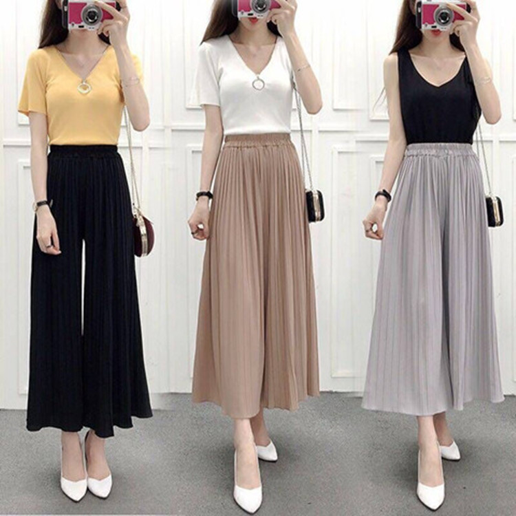 Picture of Wide Leg Pants Pleated Chiffon High Waist Loose Skirt Pants Large Swing Draping Large Size Linky Spring and Summer Casual Pants Women's Ankle-length Pants