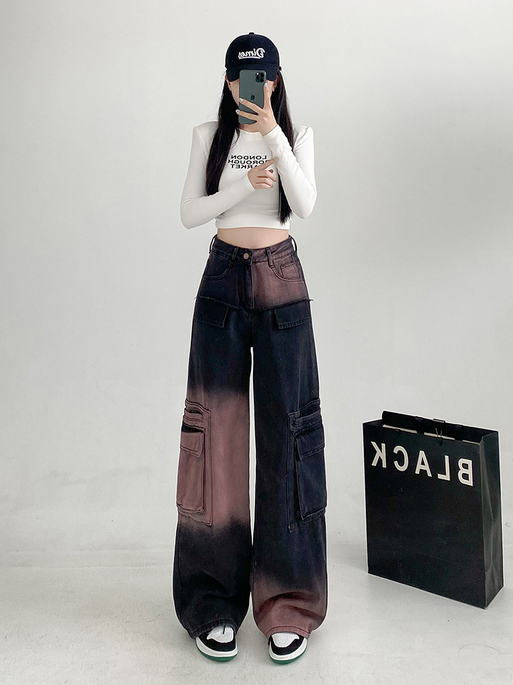Design Sense of Design Color Block Work Jeans for Women 2024 Autum New American Loose Casual Wide Leg Trousers