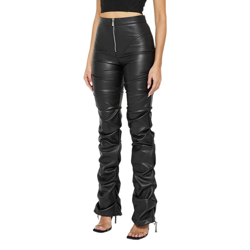 Amazon Foreign Trade Women's Clothing European and American Fashion Tight-Fit Pu Leather Pants Personalized Shrink-Fold Micro-pants Women's Four Seasons New