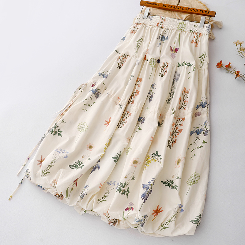 Actual Shot of 2025 New Summer Cotton and Linen Large Size Design Niche Literary Skirt Printed Elegant Skirt