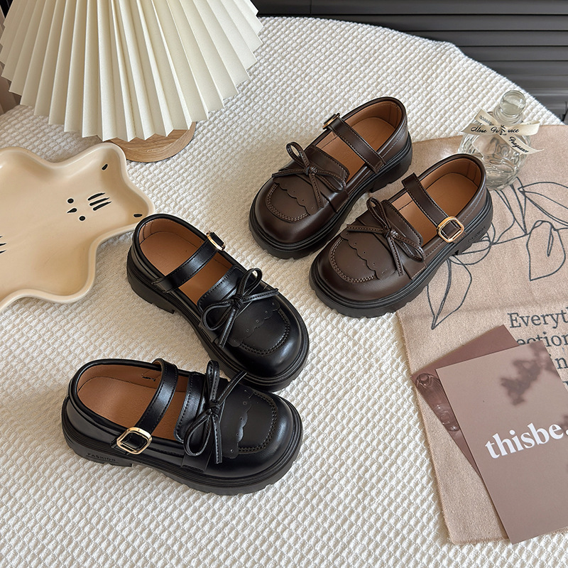 Girls' black mini leather shoes, 2025 spring/autumn new soft-soled princess bow campus Korean style elementary school leather shoes