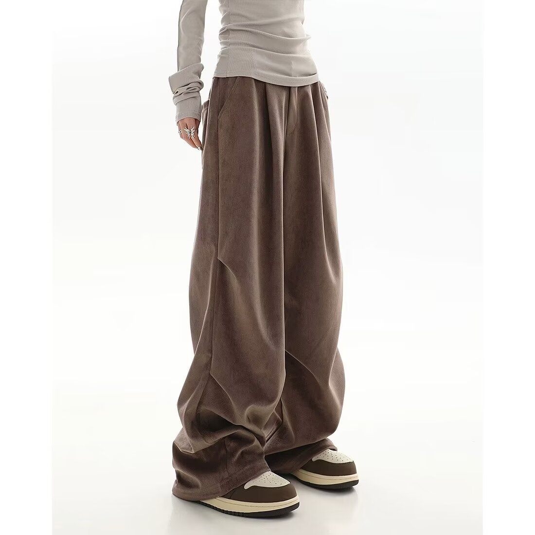 American Style Ins Trendy Brand Brown Cushion Pants Women's Autumn and Winter New Retro Design Pleated Wide Leg Casual Pants