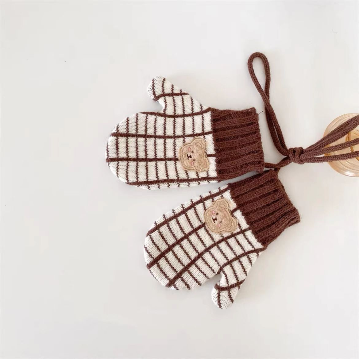 Picture of Children's Woolen Scarf Korean Style Color-Blocked Stripesd Knitted Embroidered Korean Bear Cute Woolen Scarf for Boys and Girls