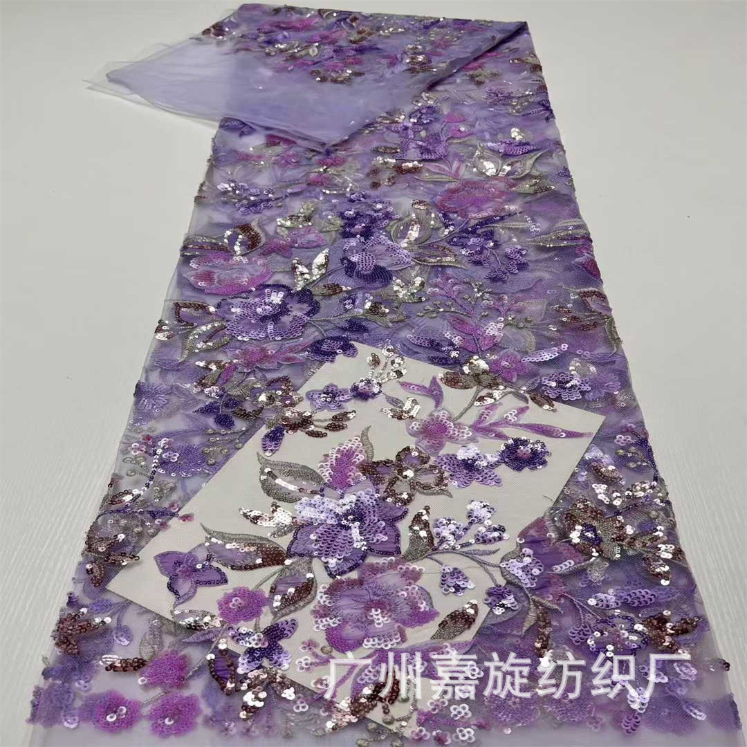 Foreign trade purple mesh embroidery fabric dense beaded plant flower sequin embroidery fabric dress cheongsam dress cloth