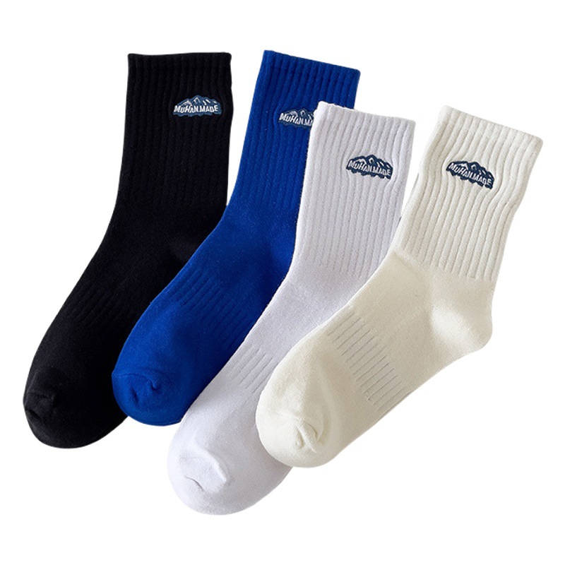 Embroidered Socks Black and White Men and Women's Mid-length Socks Japanese-style Snow Mountain Simple Couples All-match Blue Stockings