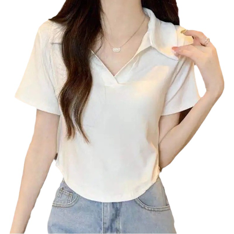 Polo Collar Shoulder Short-sleeved T-shirt Women's Summer New Slim-fit Pure Desire Short Spice Girl Irregular Top Trendy