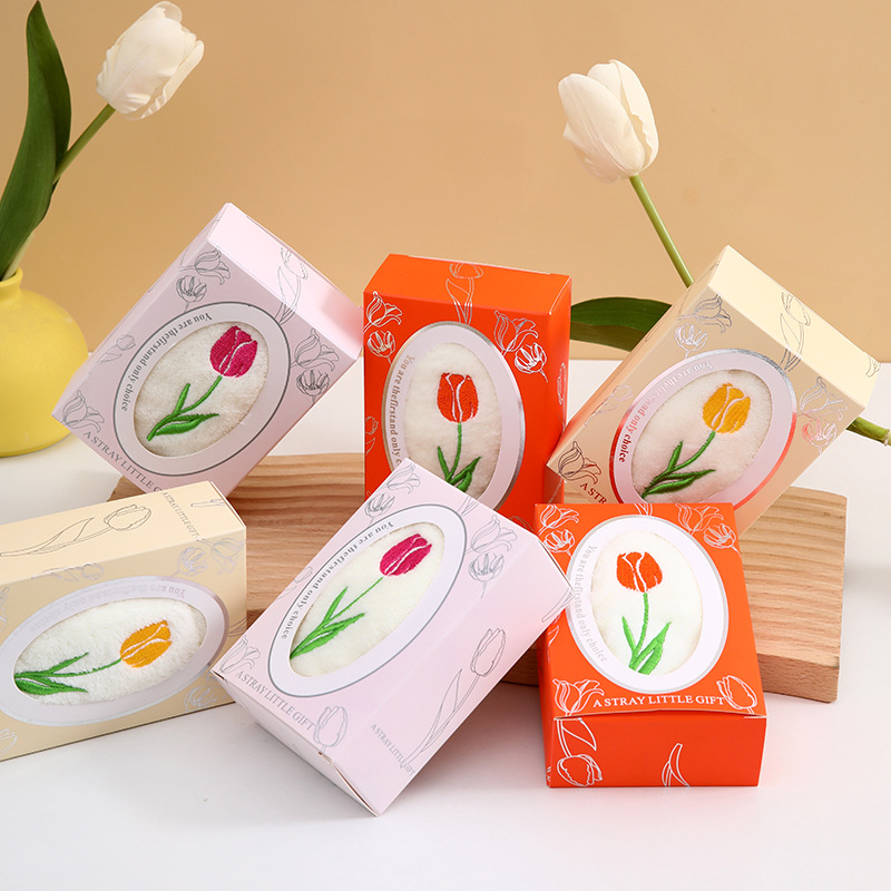 Tulip Gift Box Square Cartoon Embroidery Kindergarten Small Gift Wipe Hand Towel Wedding Gift Cute Accompanying Gift