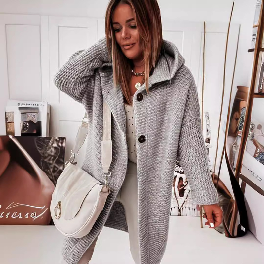 Picture of 2025 New Hooded Knitted Sweater Hat Collar Temperament Commuting Loose Women's Cardigan Large Size Cross-Border Sweater Sweater