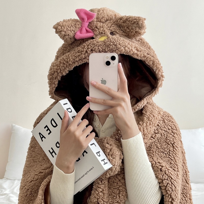 Picture of Ins Cartoon Bear Shawl Cape Winter Out Warm Thickened Cloak Student Office Lunch Break Blanket Women