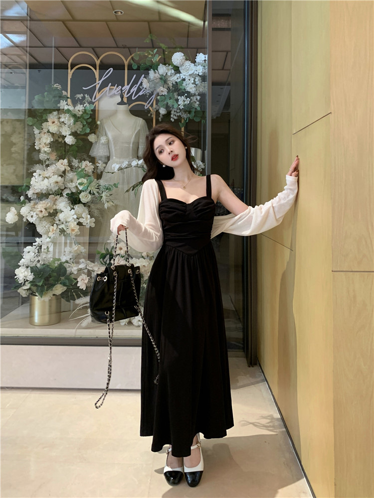 Women's Clothing French Retro Black Sling dress Women's Spring New Elegant Pleated Waist Slimming Cyber Celebrity Long Dress