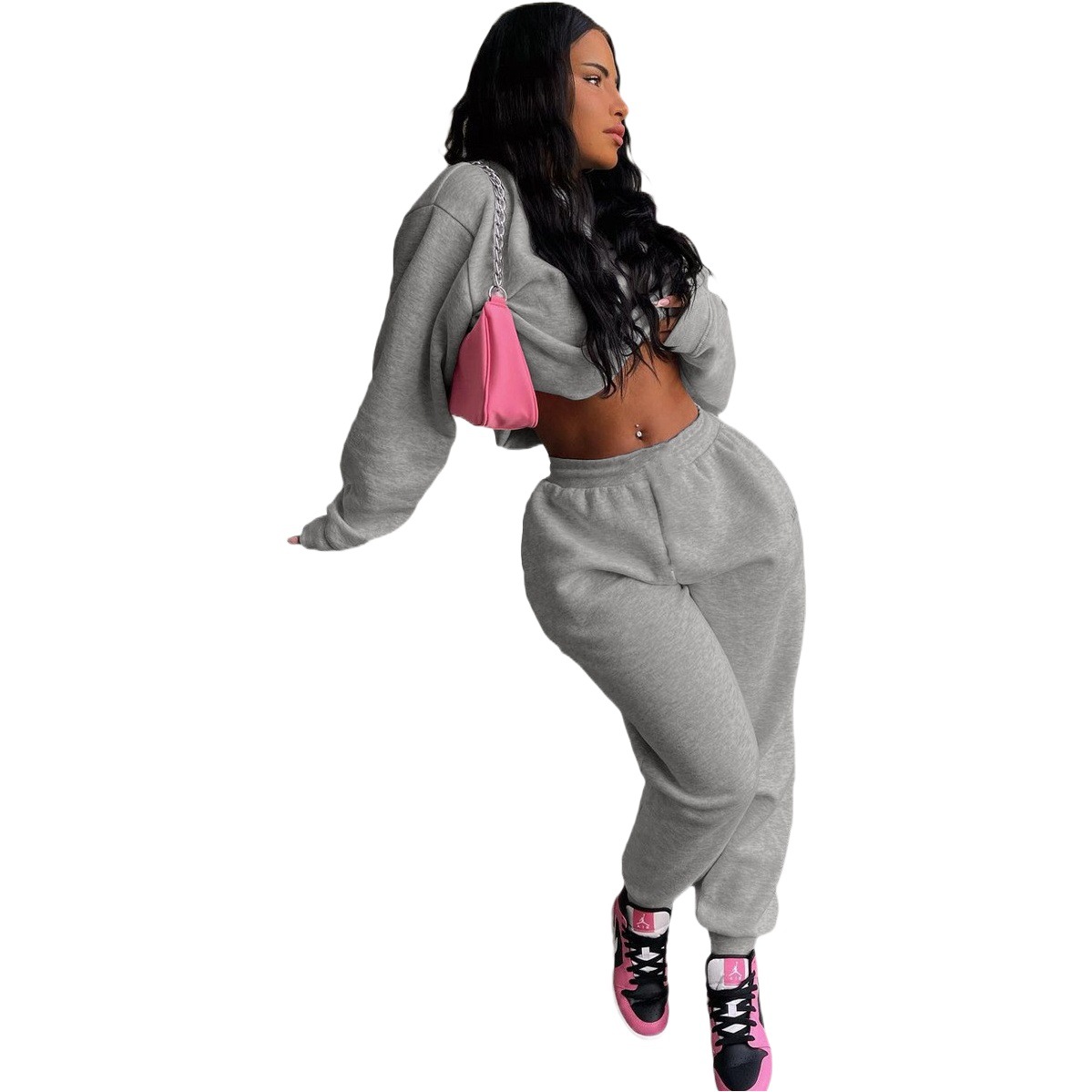 89275 European and American Women's Clothing Amazon Autumn and Winter Solid Color Thickened Fleece Sweatshirt Fabric Casual Loose Sports Suit