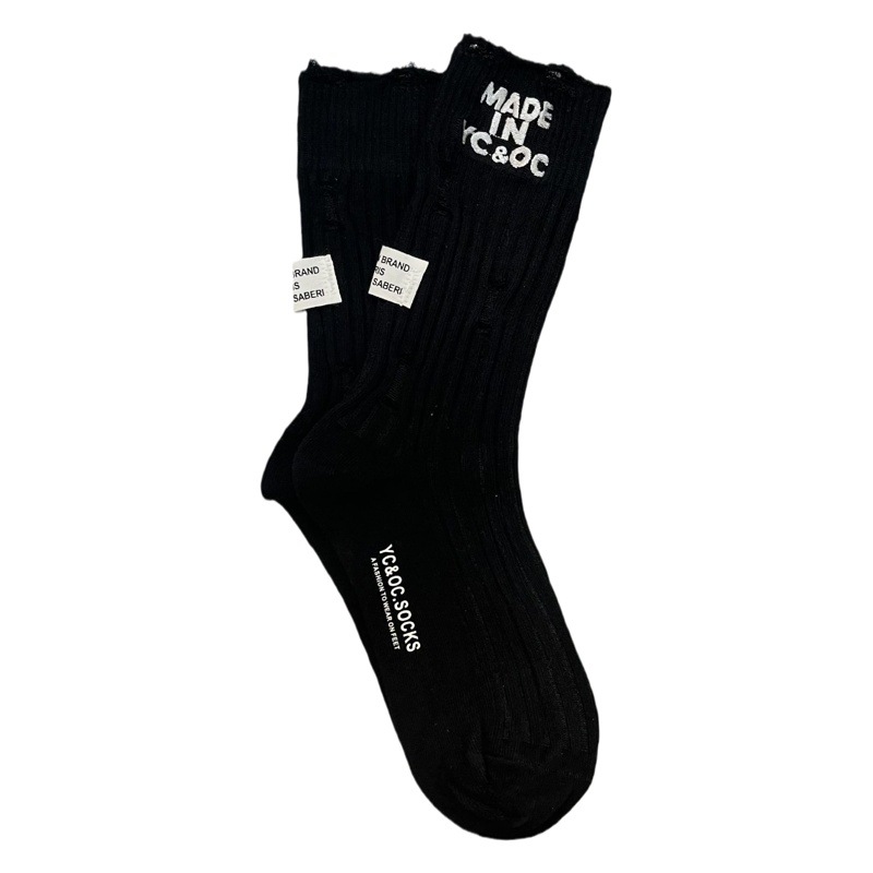 European Style Women's Socks, Trendy Socks with Embroidered Fabric Labels on the Heel, Distressed Beggar-Style Cotton Socks, Mid-Calf Casual Socks