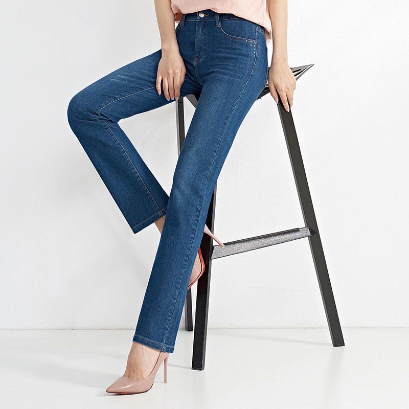 Women's Pants Autumn New Loose Straight Diamond High Waist Textile Four-sided Stretch Jeans Women's 0752