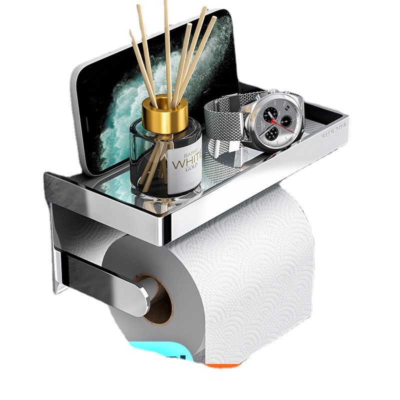 Picture of Punch-free Roll Paper Holder 304 Stainless Steel Wall-mounted Mobile Phone Rack Toilet Roll Paper Box Toilet Tissue Holder