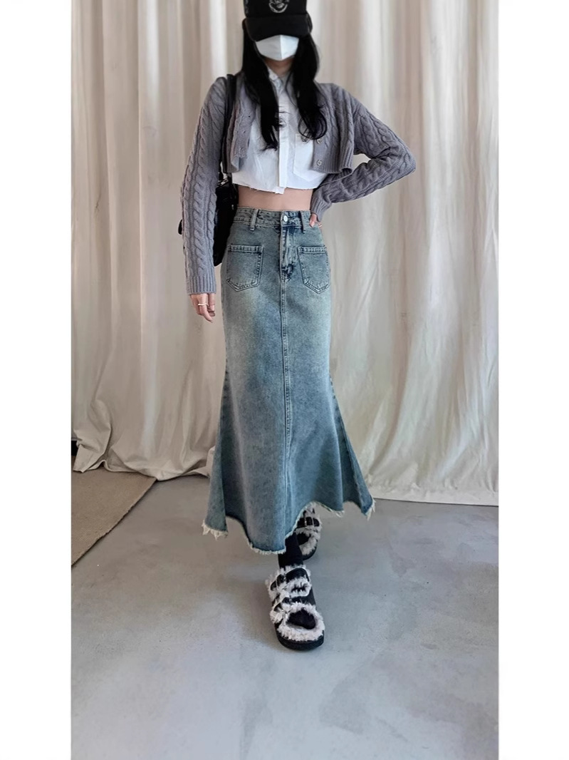 plus size Chubby Sister Midi Denim Skirt Women's Autumn and Winter High Waist Hip Covering Fishtail Skirt A- Line Long Skirt