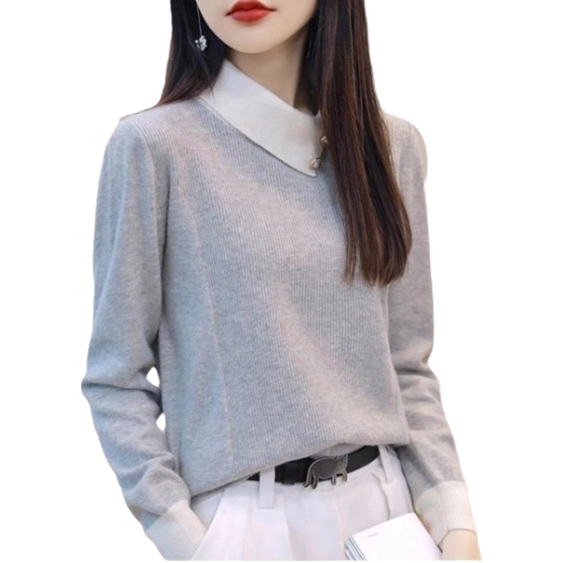 French style contrast color lapel sweater women's winter New long sleeve pullover outer wear wool bottoming shirt top