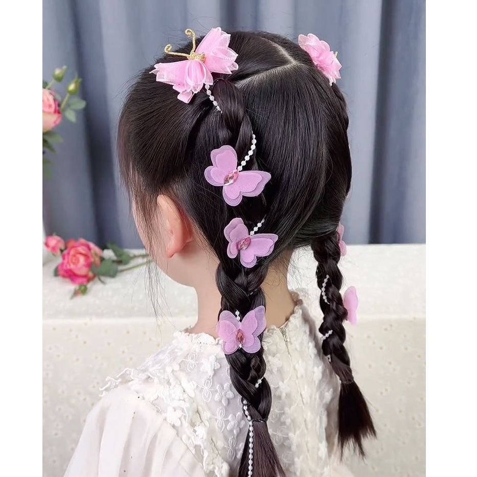 Picture of Little girl's new ancient style handmade butterfly pearl chain braided hairpin princess fairy head flower bead hair band headdress