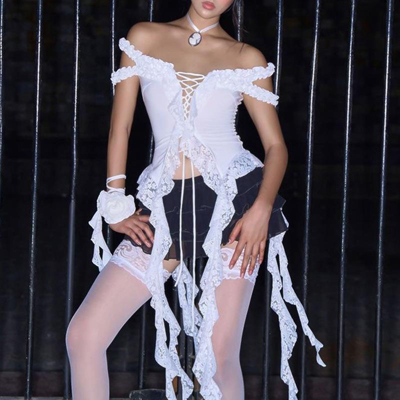 Picture of European and American holiday style lace ruffled ribbon strap slimming tube top cross-border off-neck slim-fit design vest