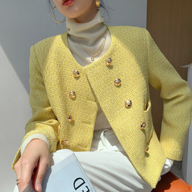 Double-breasted Chanel Style Coat High-grade Sweet New Spring and Autumn All-match French Socialite Round Neck Elegant Short Top