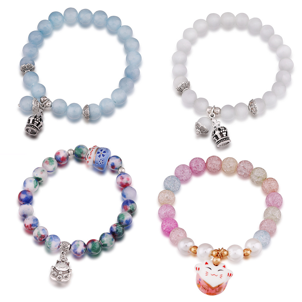 Simple fashion lucky cat bracelet colorful natural stone beaded bracelet adjustable elastic bracelet niche female bracelet