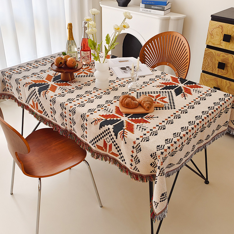 American outdoor camping tablecloth cotton linen tassel ethnic style camping blanket picnic stall coffee table cover towel dining table tablecloth