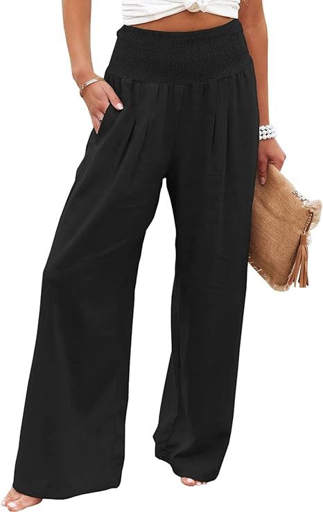 Picture of 2025 Amazon Women's Linen Pants High Waist Trousers Wide Leg Flowing Pants Beach Vacation Wear Casual Wear