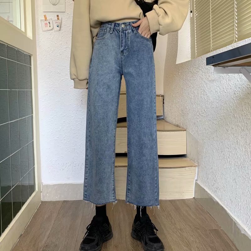 Picture of Spring and Autumn High-Waisted Wide-Leg Jeans for Fat Girls, Large Size, Loose and Slim, Nine-Point Raw Edge Straight Retro Style