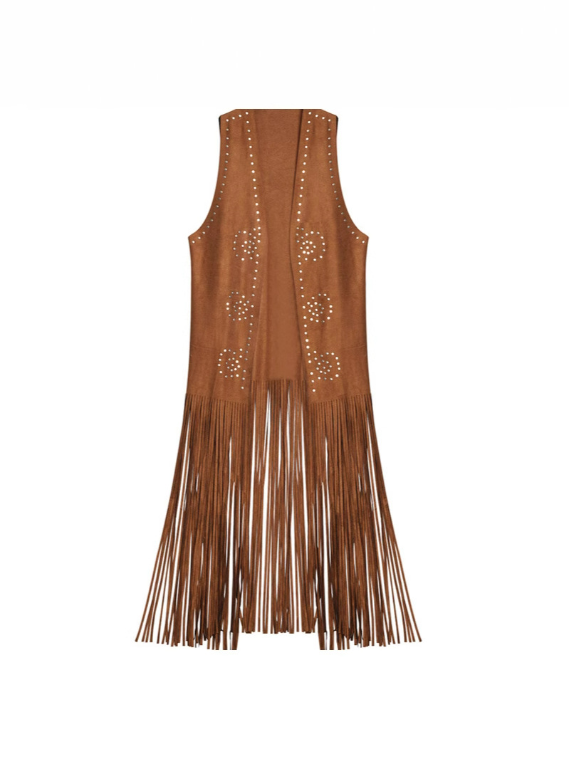 Suede Long Tassel Vest Long Fashion Heavy Industry Rivet Loose Cardigan 2024 New Trendy Ethnic Style