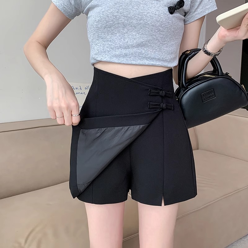 Picture of Grey A- line Short Skirt Women's Spring and Summer New Chinese Style Irregular Buckle Skirt Small Split Suit Culottes