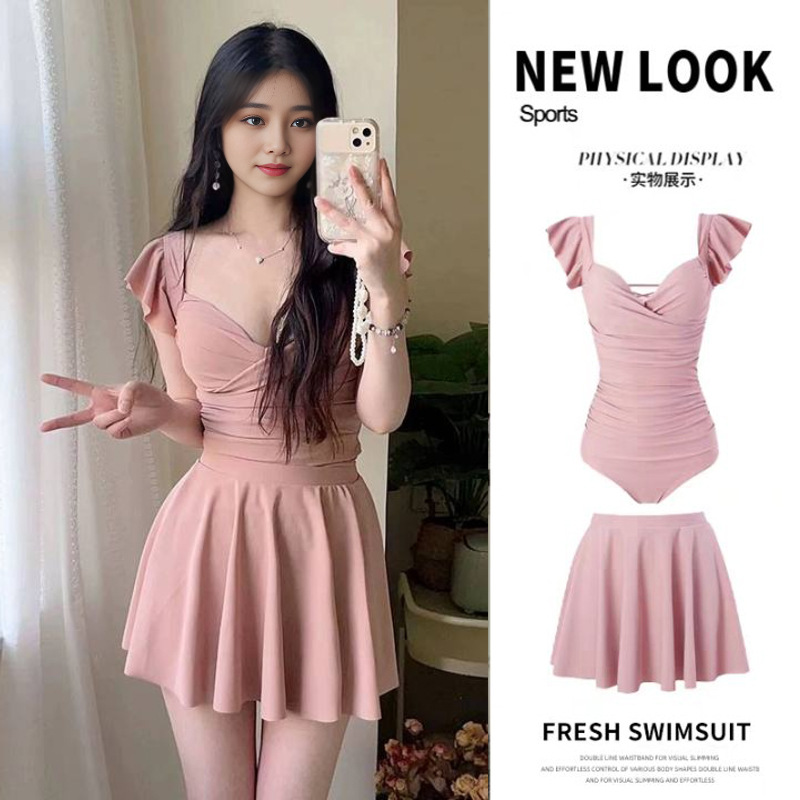 2024 New Pure Desire Style one-piece Triangle Bikini Skirt Swimsuit Girl Summer Gather to Cover Flesh Slim Hot Spring
