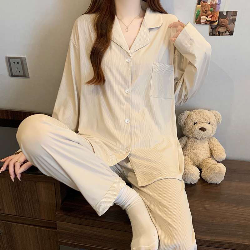 Picture of New Ins Pajamas for Women Simple Stripesd Internet Celebrity Long-Sleeved Cardigan Girl Korean Version Thin Home Wear Set Wholesale