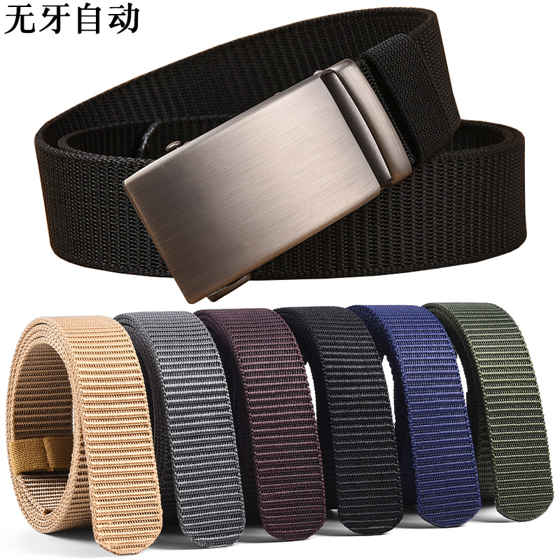 Men's Automatic Buckle Leather Belt Nylon Canvas Belt Toothless Waistband No-Punch Trouser Belt Tactical Extended Large Size Trouser Belt Trendy