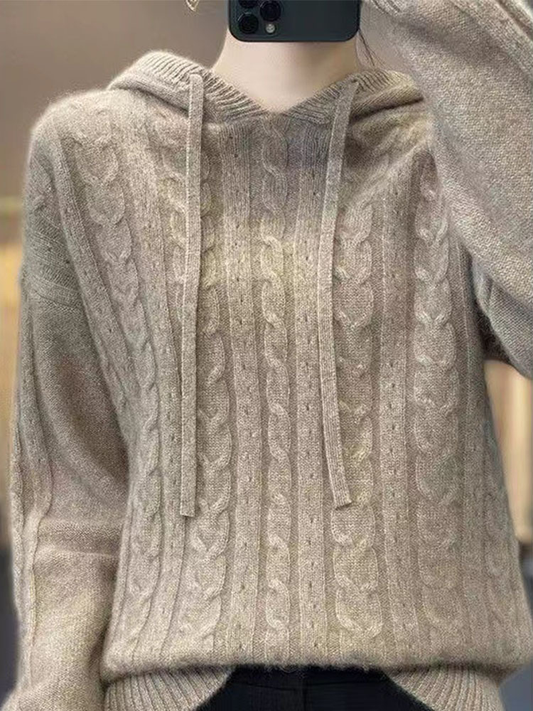 2024 Autumn and Winter New Knitwear Lazy Style Sweater Women's Retro Twisted Hooded Loose All-match