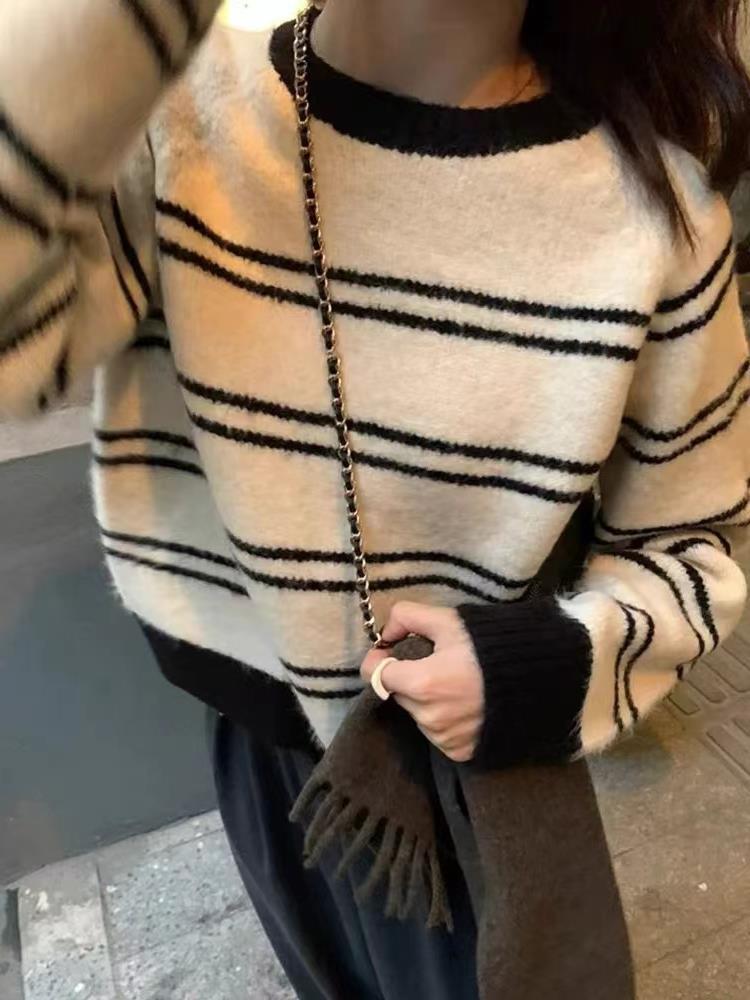 Raccoon Velvet Soft Waxy Pullover Striped Sweater Women's Autumn and Winter Thickened Inner Small Retro Bottoming Sweater