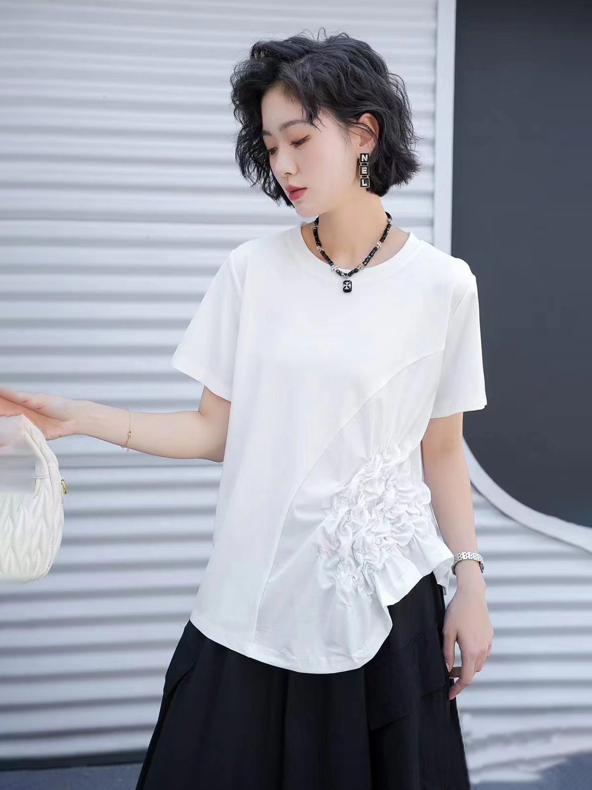 250510 Yamamoto Dark Style Niche Design Short-Sleeved T-Shirt Pleated Asymmetrical Versatile Casual Top Trendy Summer