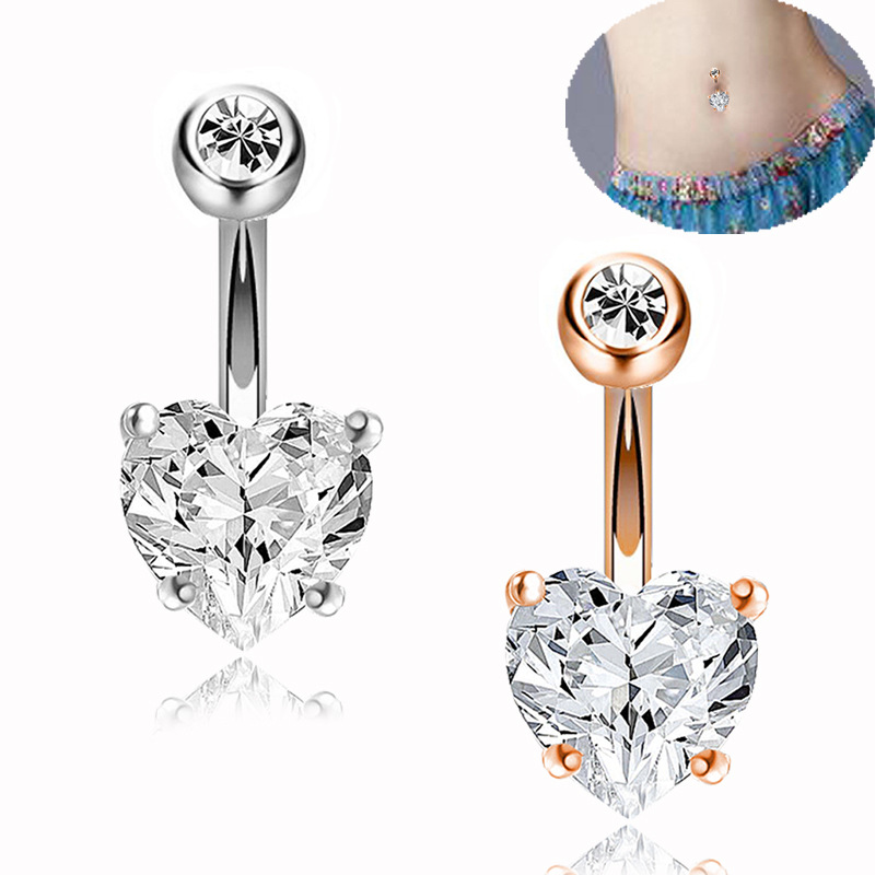 Picture of European and American Double Diamond Four-Claw Heart Zircon Fashionable Navel Ring Stainless Steel Navel Nail Trendyy Stainless Steel Navel Button