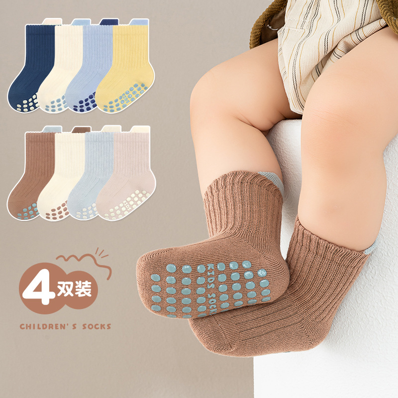 Picture of 24 autumn and winter double needle large area dispensing baby baby floor socks four pairs of solid color trampoline socks