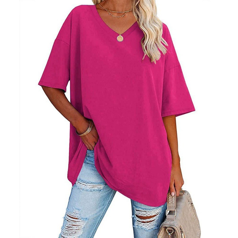 Cross-border European and American Clothing Amazon Export Spring and Summer New Color Loose Half-sleeVed V Neck Cotton Waist Women's Top